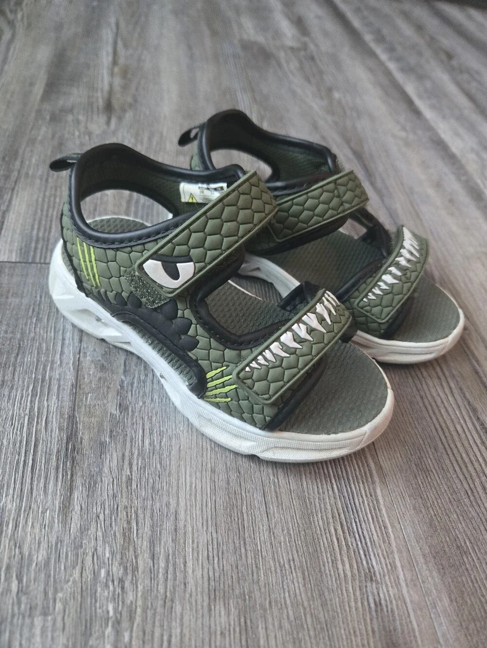 Boys Olive Green Open-Toe Sandals with Shark Tooth Accent